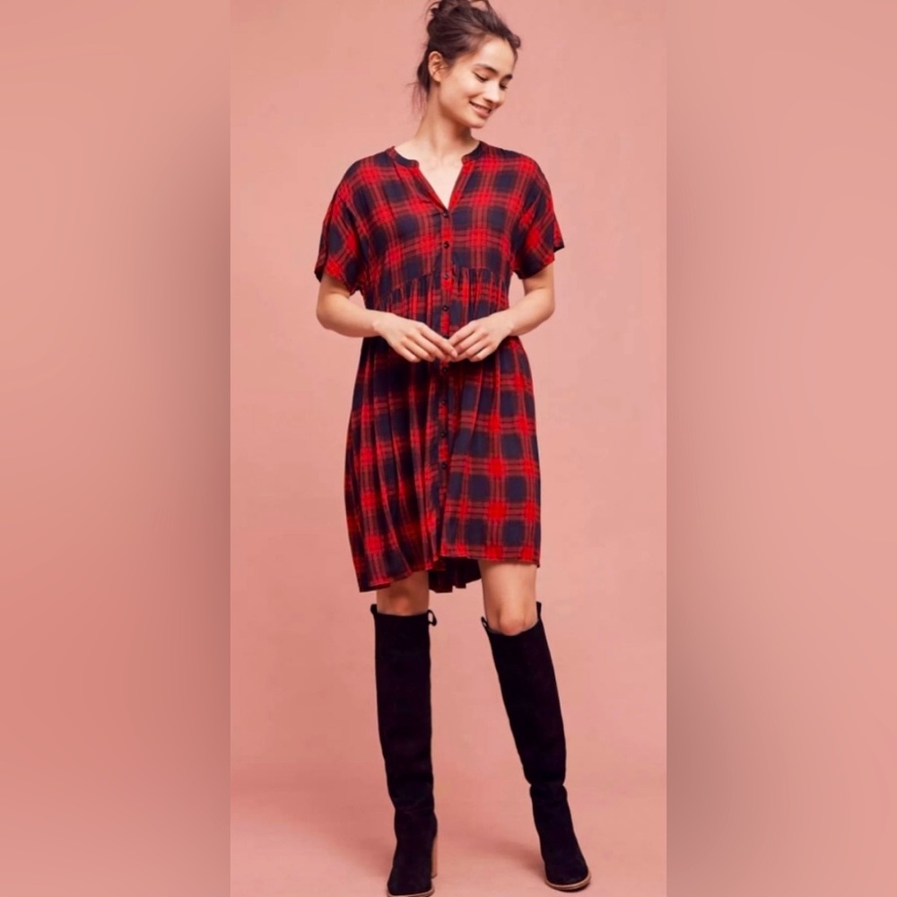 Anthropologie I Tyhlo Mona Black & Red Buffalo Plaid Babydoll Mini Swing Dress
